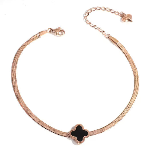 Four Leaves Clover Black Stone Anklet