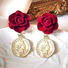 Boucle d'oreille pendentif rose en velours rouge rétro français