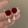 New Wine Red Velvet Rose Pearl Earring