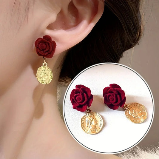 Boucle d'oreille pendentif rose en velours rouge rétro français