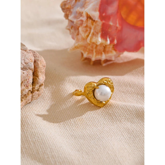 Simulated Pearls Heart Love Gold Open Ring