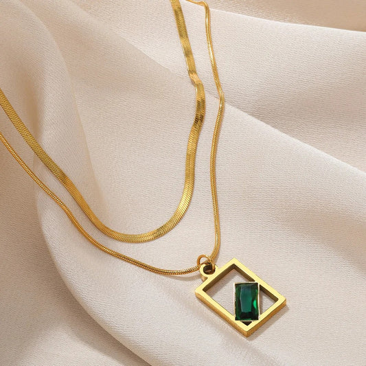 Double Layer Green Zirconia Pendant Necklace