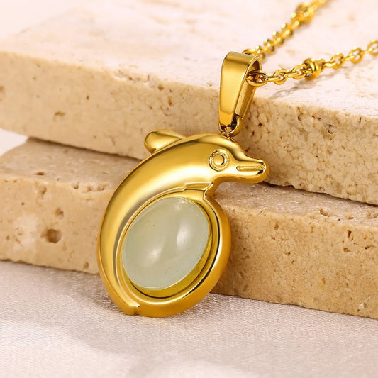 Oval Stone Dolphin Pendant Necklace