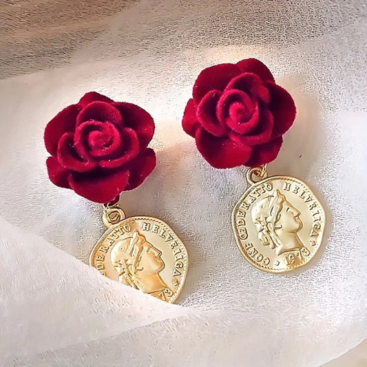 Boucle d'oreille pendentif rose en velours rouge rétro français