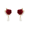 Nouvelle boucle d'oreille en velours rouge vin avec perle rose