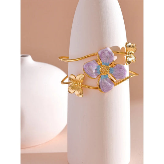 Fashion Purple Flower Butterfly Colorful  Open Big Cuff Bracelet