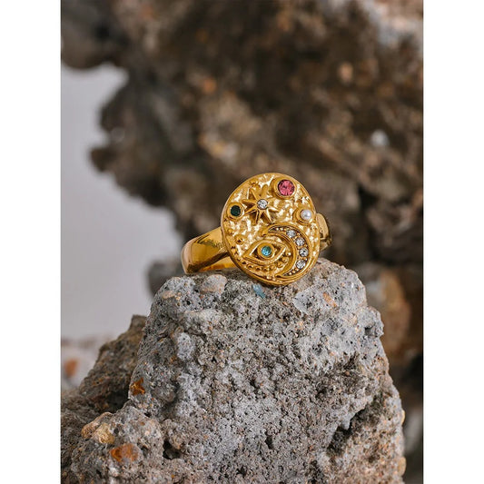 Bague à breloques colorées en forme d'œil, d'étoile et de lune