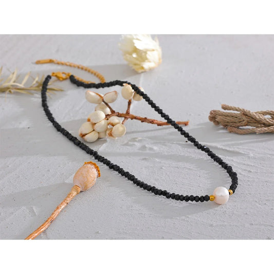 Black Crystal Beads Natural Pearl Collar Necklace