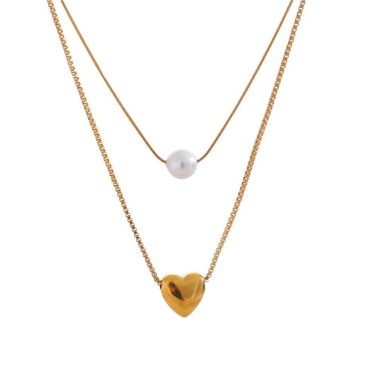 Heart Imitation Pearl Pendant Stacking Necklace