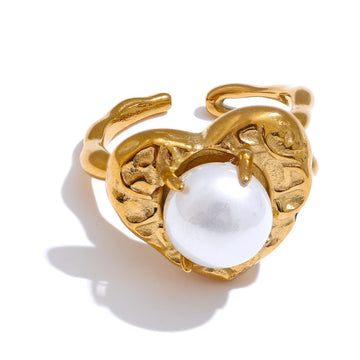 Simulated Pearls Heart Love Gold Open Ring