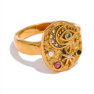 Bague à breloques colorées en forme d'œil, d'étoile et de lune