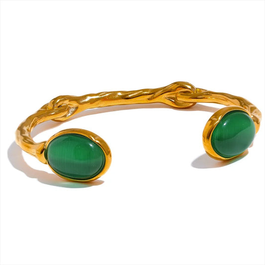 Green Natural Stone Gold Color Cuff Bracelet