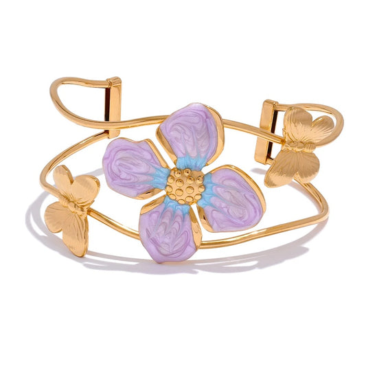 Bracelet manchette ouvert coloré à motif de fleur violette et de papillon