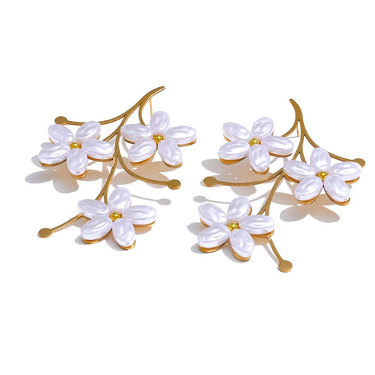 Fashion Imitation Pearls Flower Gold Color Big Stud Earring