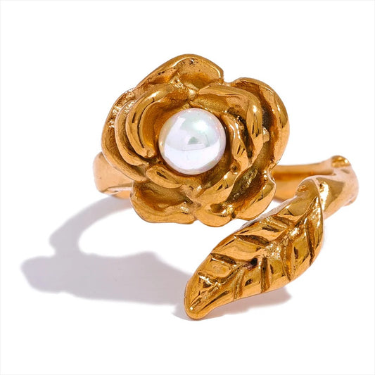 Rose Flower Leaf Pearl Ring