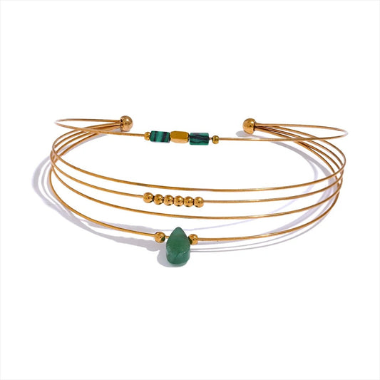 Bracelet manchette multicouches en cercle fin avec pierre d'agent vert