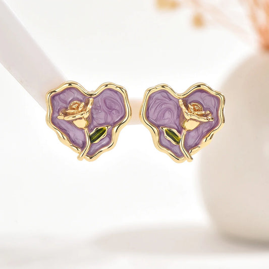 Boucles d'oreilles pour femmes en forme de cœur avec motif de rose