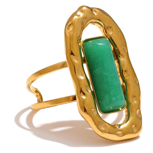 Natural Stone Green Agate Cuff Open Adjustable Ring