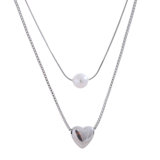 Heart Imitation Pearl Pendant Stacking Necklace