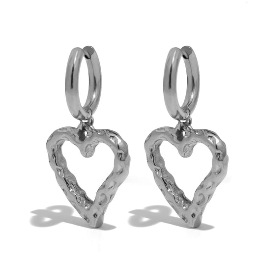 Surface Pitted Heart Shaped Pendant Earring